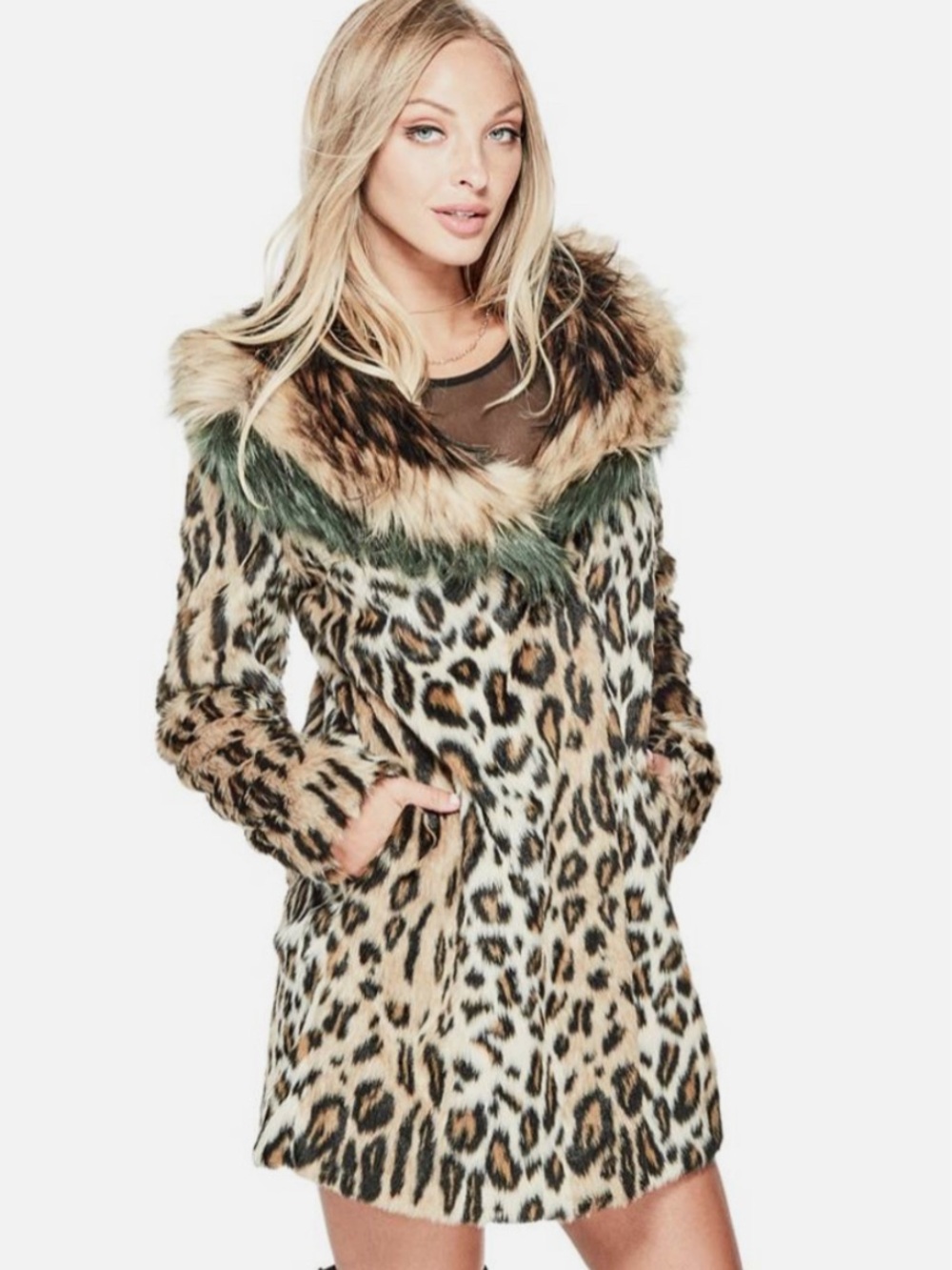 GUESS Natalia Faux Fur Animal Print Long Jacket Leopard Coat Women’s Size Small